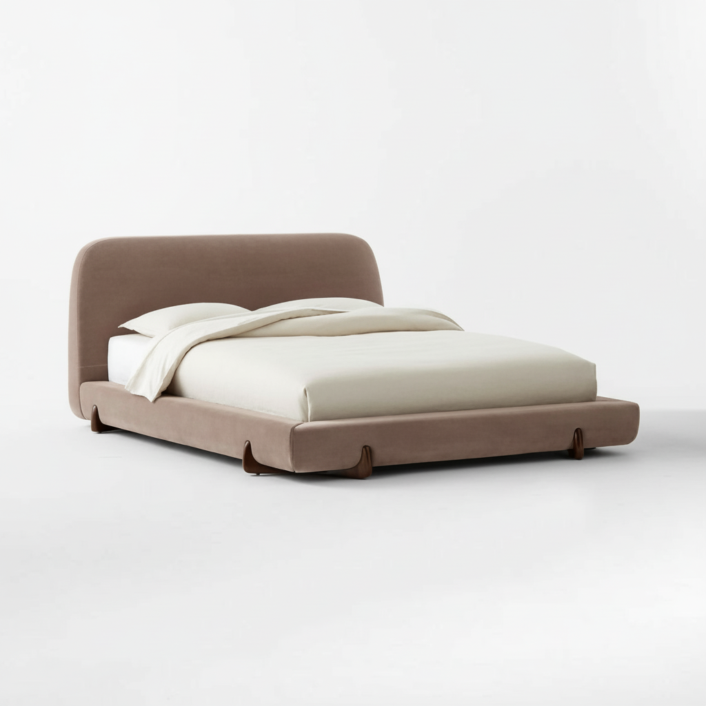 Taupe Velvet Curved Scallop-Leg Bed - Image 3